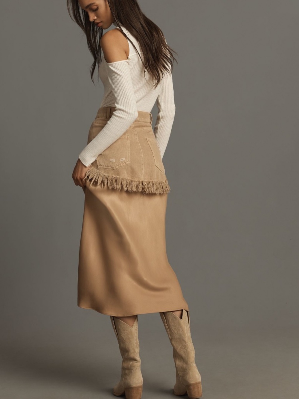 Anthropologie Pilcro Twofer Slip Tan Denim Midi Skirt Size 8 - Picture 4 of 8